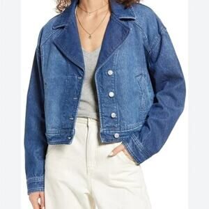 We The Free Womens Cropped Now or Never Button Up Blue Jean Jacket Medium